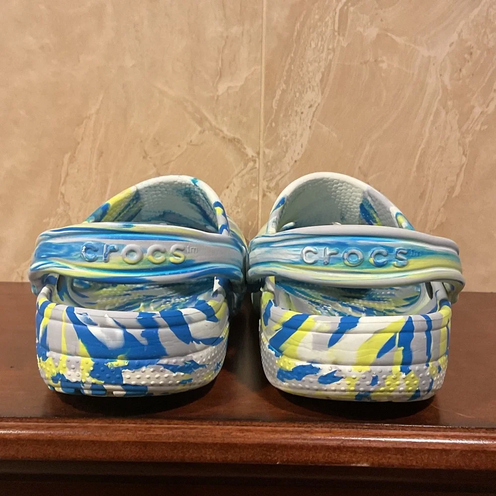 CROCS Blue and Yellow Patterned Clogs